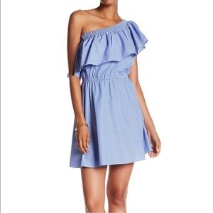 Parker Blue & White One-Shoulder Ruffle Mini Dress